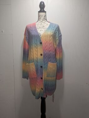 NWT Curvzy Plus Size 1XL Pastel Rainbow Ombre Cable Knit Cardigan Sweater